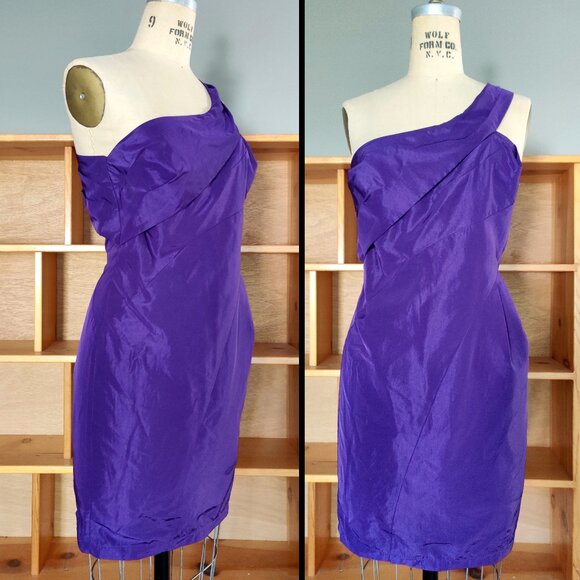 EUC ABS Allen Schwartz Purple One-shoulder Draped Mini Dress 6 Small - Picture 2 of 4